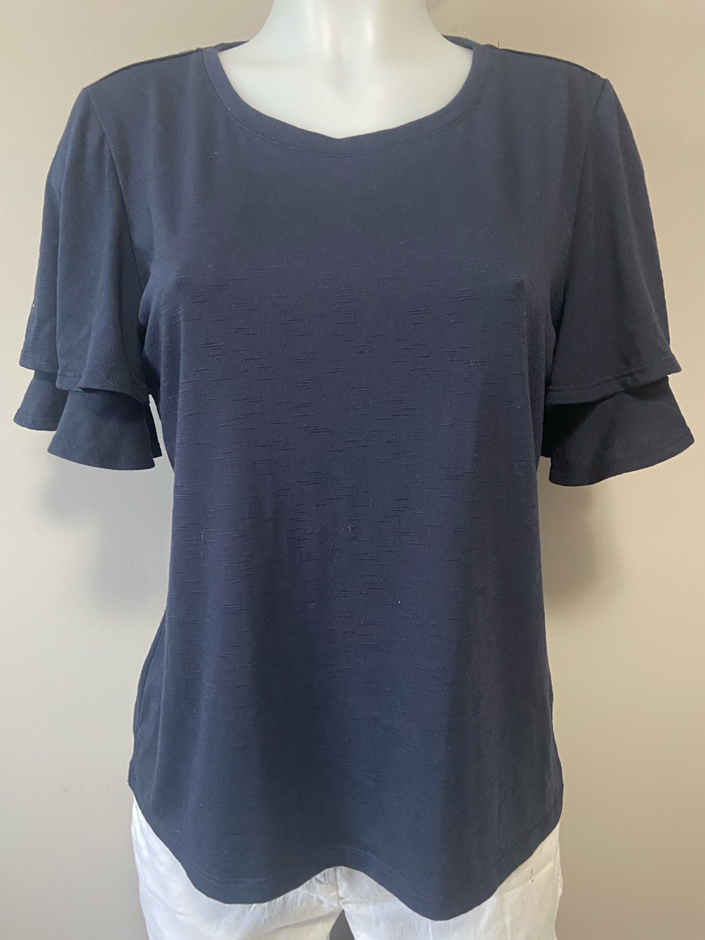 Tahari Navy Short Sleeve Ruffle Tee